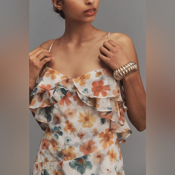By Anthropologie Dress NWT Floral Sleeveless Asymmetric Ruffled Midi Dress Small - Picture 4 of 16